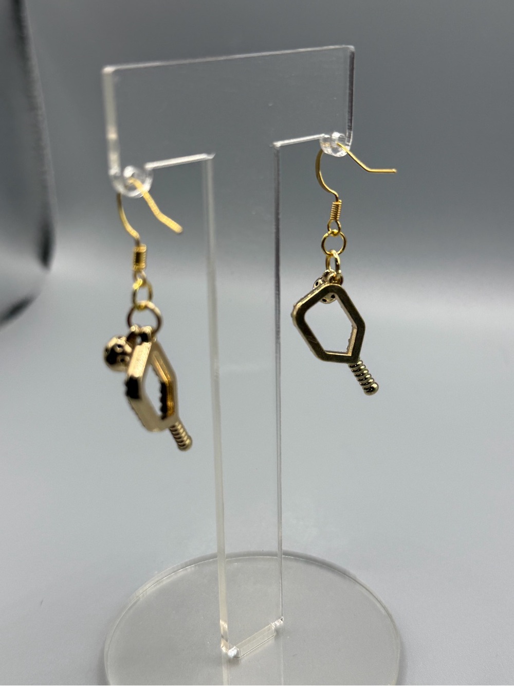 Gold Tone Pickleball Racket & Ball Dangle Earrings - Handmade #E0453C - Picture 3 of 3